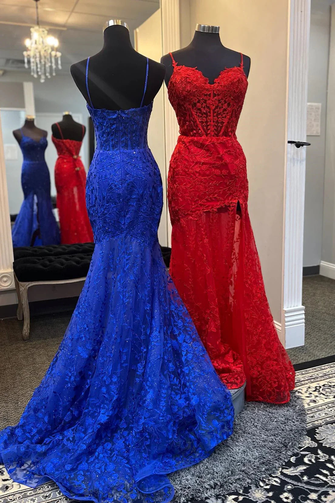 Sweetheart Spaghetti Straps Mermaid Lace Party Prom Dress With Slit