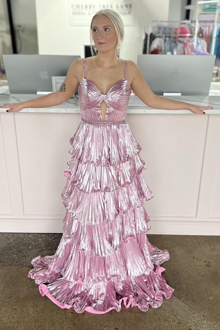 Sweetheart Spaghetti Straps Tiered A-Line Satin Prom Dress