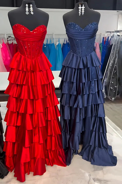 Sweetheart Strapless A-Line Satin And Lace Tiered Party Prom Dress