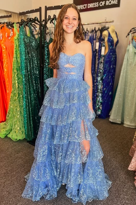 Sweetheart Strapless A-Line Tiered Sparkly Party Prom Dress