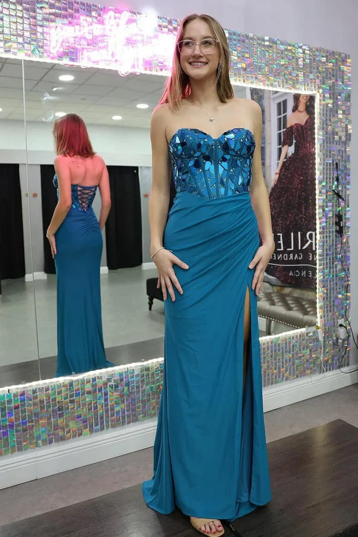 Sweetheart Strapless Beaded Empire Party Prom Dress With Slit