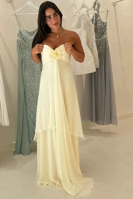 Sweetheart Strapless Chiffon A-Line Tiered Long Party Prom Dress