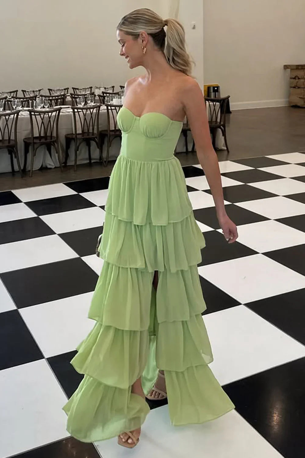 Sweetheart Strapless Chiffon A-Line Tiered Party Prom Dress