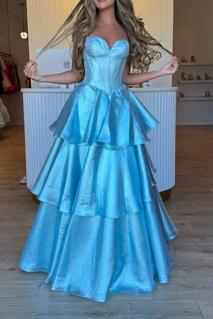 Sweetheart Strapless Empire A-Line Tiered Long Party Prom Dress