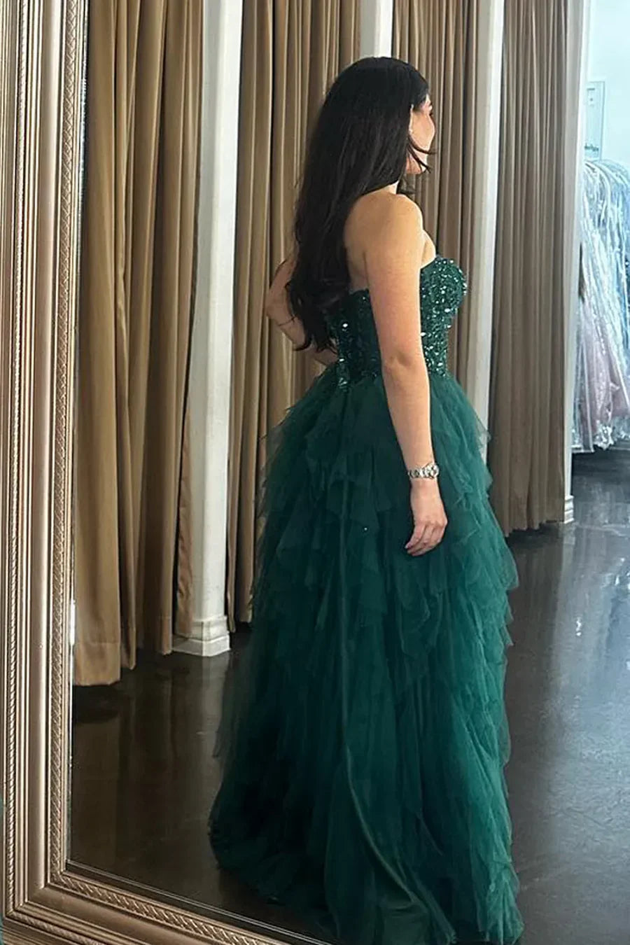 Sweetheart Strapless Empire Appliques Tulle Tiered Prom Dress