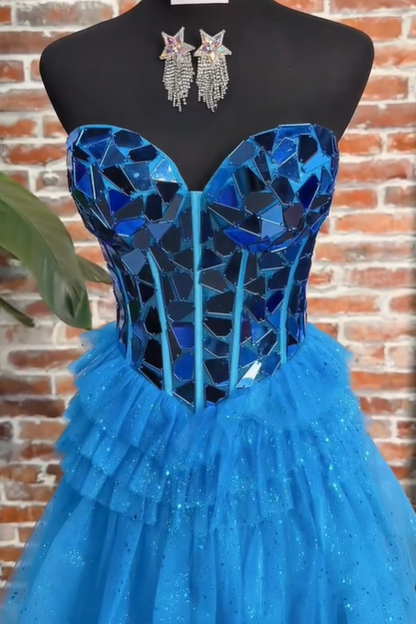 Sweetheart Strapless Empire Beaded Tiered Tulle A-Line Party Prom Dress
