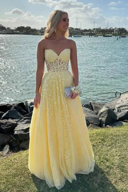Sweetheart Strapless Empire Tulle A-Line Lace Party Prom Dress
