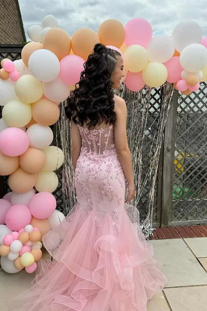 Sweetheart Strapless Lace And Tiered Tulle Mermaid Party Prom Dress