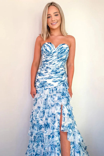 Sweetheart Strapless Mermaid Chiffon Appliques Tiered Party Prom Dress