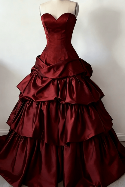 Sweetheart Strapless Satin A-Line Tiered Party Prom Dress