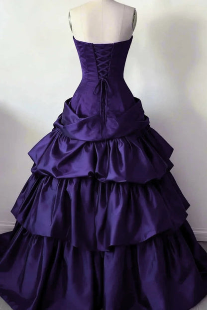 Sweetheart Strapless Satin A-Line Tiered Party Prom Dress
