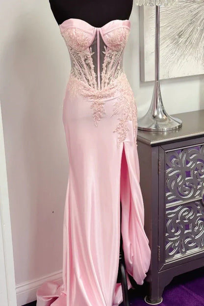 Sweetheart Strapless Satin Mermaid Lace Appliques Party Prom Dress