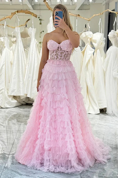 Sweetheart Strapless Tulle A-Line Tiered Party Prom Dress