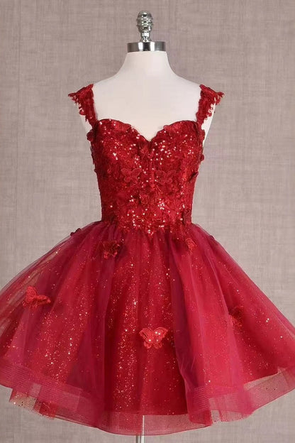 Sweetheart Straps Tulle A-Line Lace Appliques Red Homecoming Dress