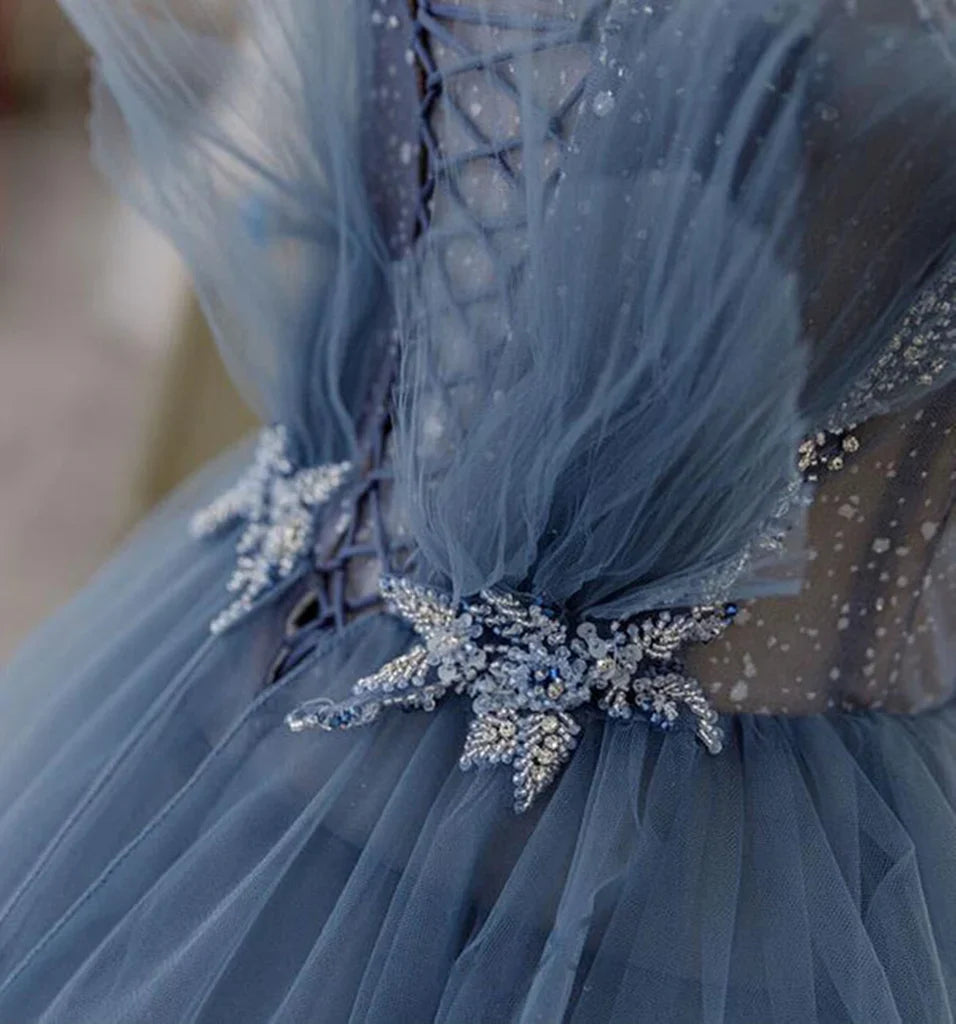 Gorgeous Blue Sparkly Tulle Beaded Prom Dress, Tiered Formal Gown With Rhinestone Tp01