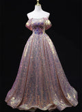 A-line Off Shoulder Sequins Long Prom Dress Party Dress, Sequins Evening Dress TP1114