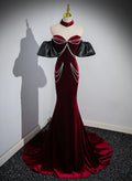 Off Shoulder Wine Red Mermaid Long Party Dress, Wine Red Velvet Prom Dress TP1119