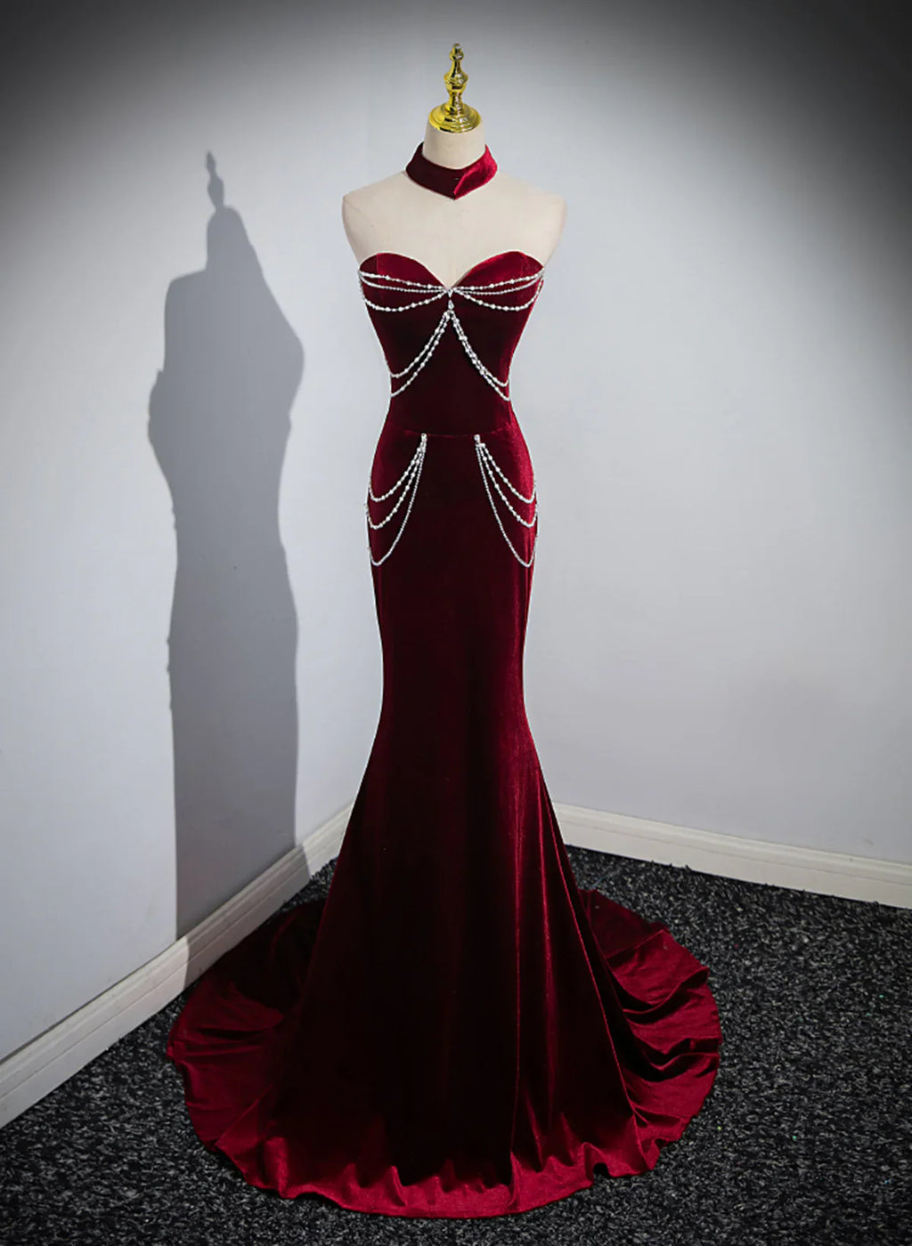Off Shoulder Wine Red Mermaid Long Party Dress, Wine Red Velvet Prom Dress TP1119