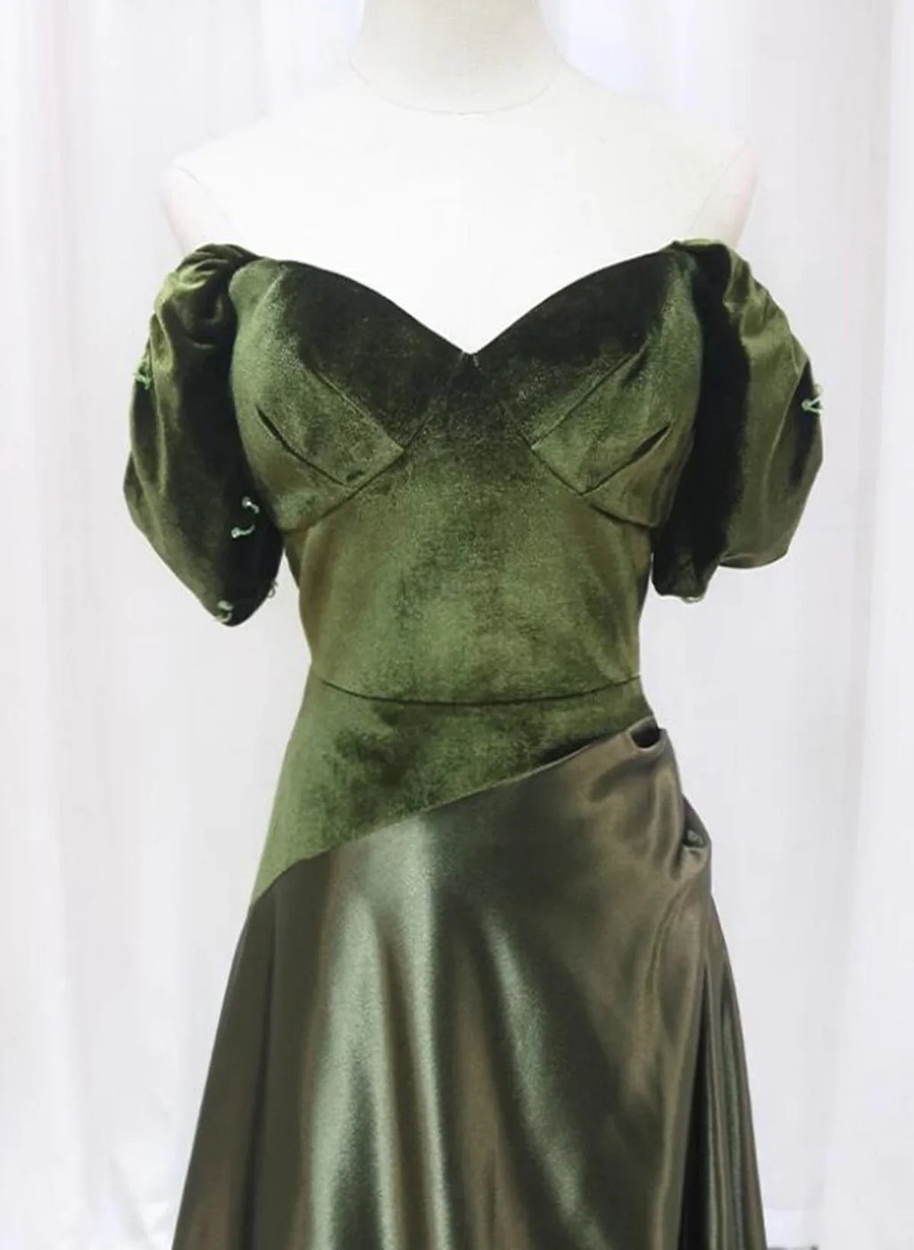 Green Velvet and Satin Off Shoulder Long Party Dress, Green Evening Dress Prom Dress TP1124