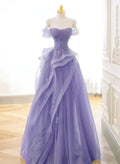 Purple A-line Tulle Off Shoulder Long Prom Dress, Purple Lace Evening Dress TP1133