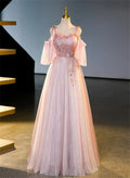 Pink Tulle Off Shoulder Beaded A-line Prom Dress, Pink Tulle Long Party Dress TP1135
