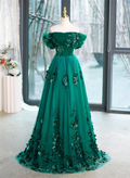 Green Off Shouldr Ball Gown Flowers Tulle Formal Dress, Green Floor Length Party Dress TP1137