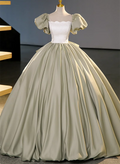 Green Short Sleeves Ball Gown Satin Long Sweetheart Dress, Green Long Formal Dress TP1138