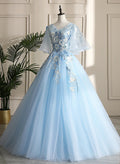 Light Blue Ball Gown V-neckline Puffy Sleeves Party Dress, Light Blue Sweetheart 16 Dress TP1141
