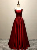 Wine Red Straps Satin Long Party Dress, Wine Red A-line Long Prom Dress TP1160