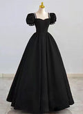 Simple Pretty Black Satin Short Sleeves Beaded Party Dress, Black Long Evening Dress TP1169