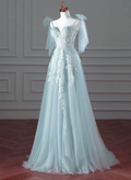 Pretty Mint Blue Tulle with Lace A-line Long Party Dress, Mint Blue Prom Dress Fornal Dress TP1170