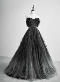 Vintage Black Tulle Off-Shoulder Party Dress Beaded Long Evening Dress A-Line Ruffled Prom Dress TP1174