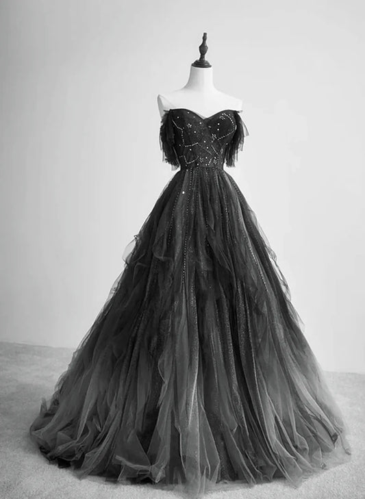 Vintage Black Tulle Off-Shoulder Party Dress Beaded Long Evening Dress A-Line Ruffled Prom Dress TP1174