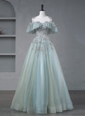 Glam Blue Tulle Sequins Lace Round Neckline Long Wedding Dress TP1175
