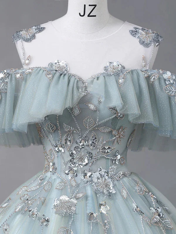 Glam Blue Tulle Sequins Lace Round Neckline Long Wedding Dress TP1175