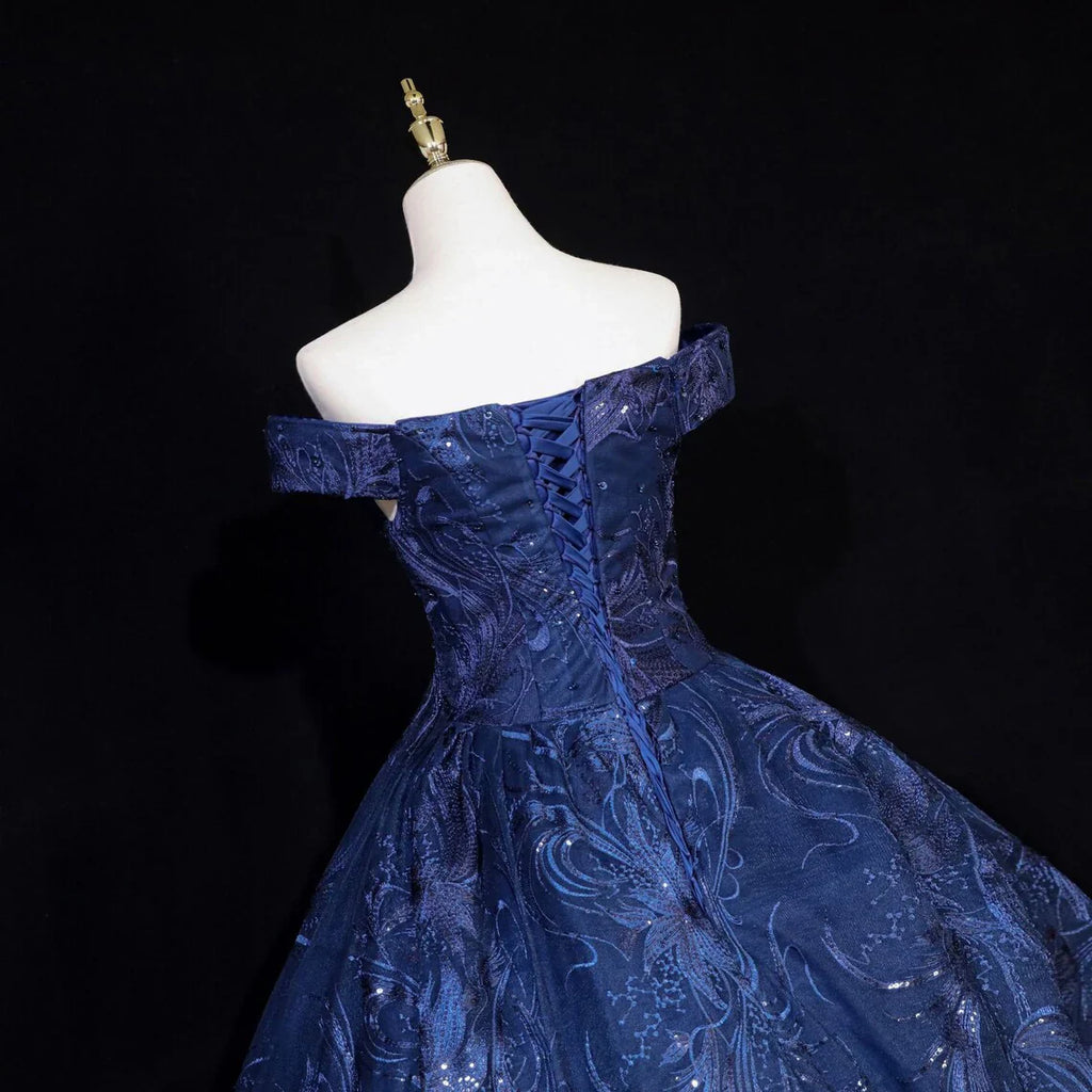 Lovely Navy Blue Floral Tulle Ball Gown Sweet 16 Dress,Navy Blue Off Shoulder Long Formal Dress TP1181