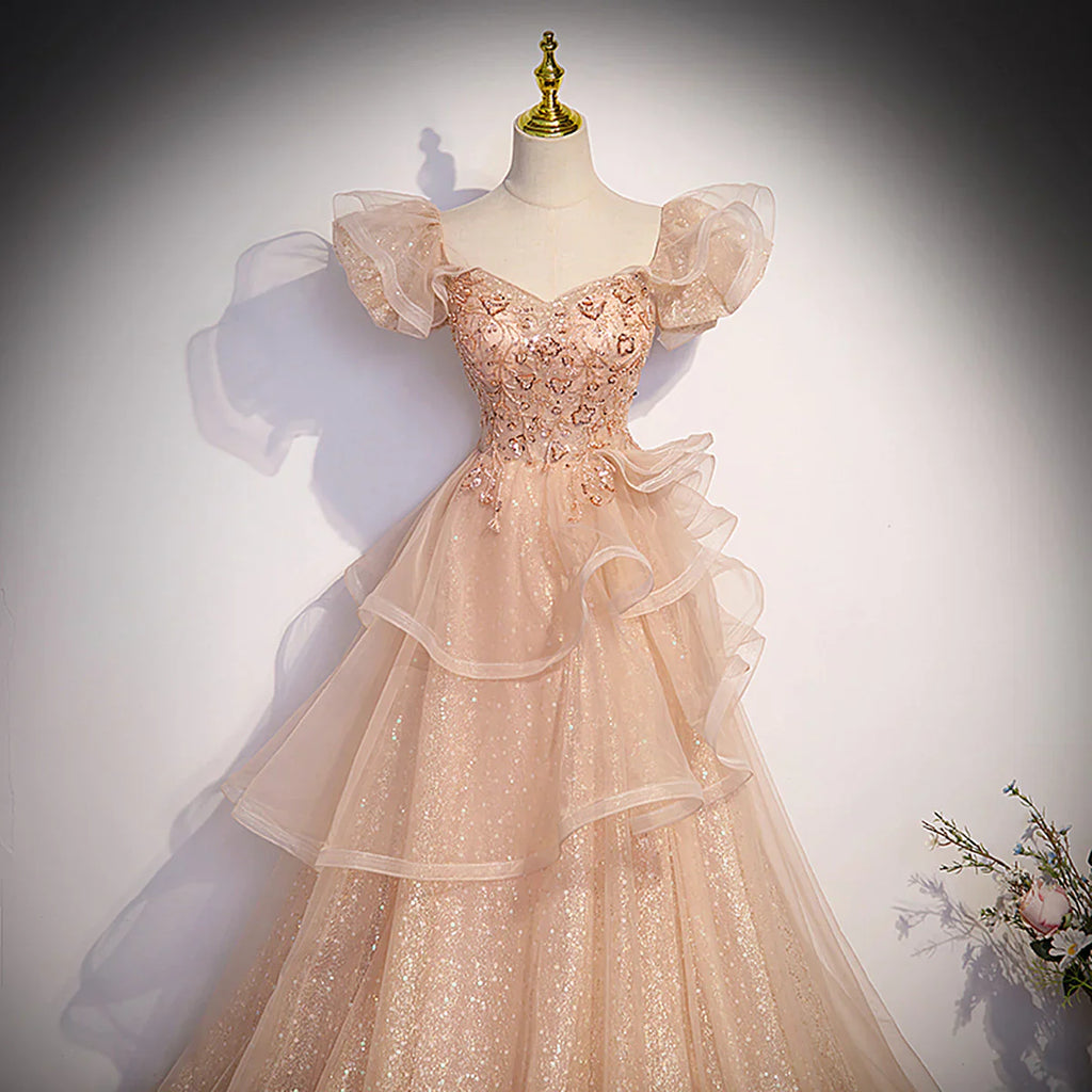 Cute A-line Shiny Tulle with Lace Off Shoulder Party Dress, Long Floor Length Prom Dress TP1183