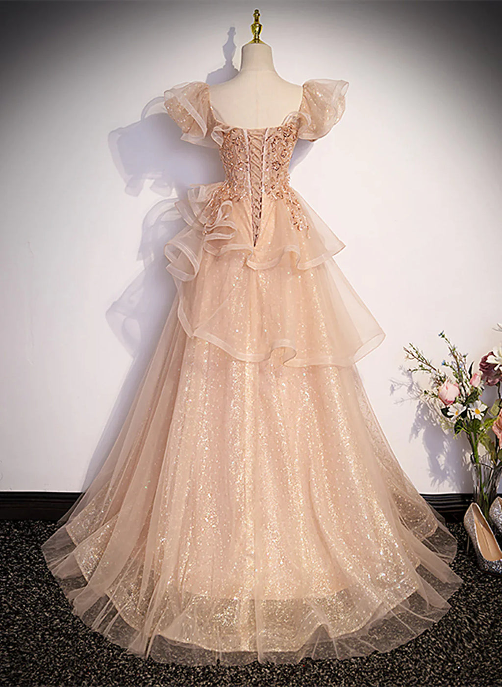Cute A-line Shiny Tulle with Lace Off Shoulder Party Dress, Long Floor Length Prom Dress TP1183