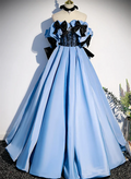 Blue Satin Off Shoulder with Bow Long Party Dress, Blue Satin Prom Dress Evening Dress TP1188