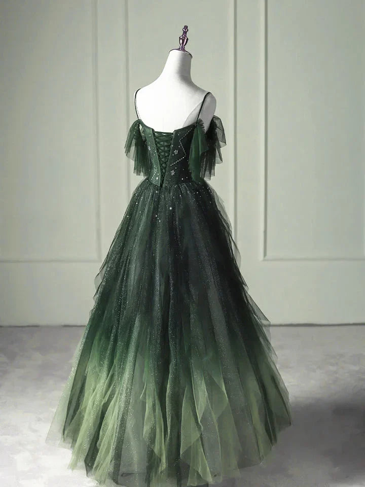 Green Gradient Tulle A-line Long Formal Dress, Green Beaded Straps Party Dress Prom Dress TP1189