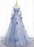 Light Blue Tulle Puffy Sleeves with Flowers Sweet 16 Dress, Light Blue Formal Dress TP1191