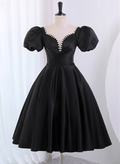Black Satin Short Sleeves Homecoming Dress, Black Short Prom Dress TP1200