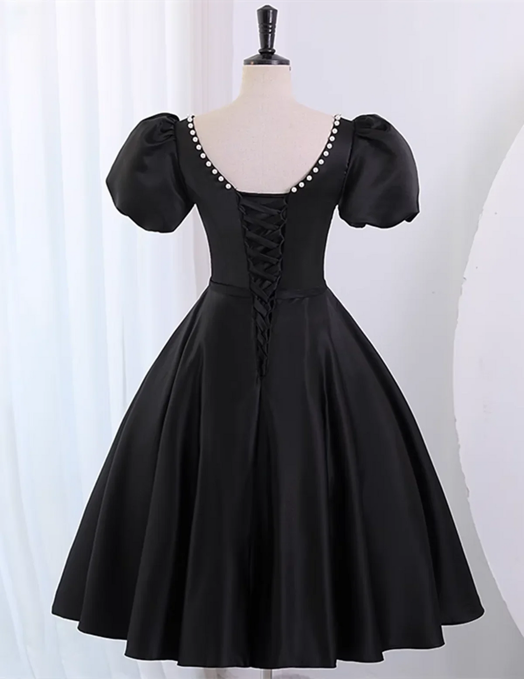 Black Satin Short Sleeves Homecoming Dress, Black Short Prom Dress TP1200