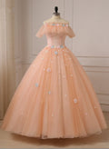 Pink Flowers Tulle Off Shoulder Party Dress, Pink Tulle Sweet 16 Dress TP1206