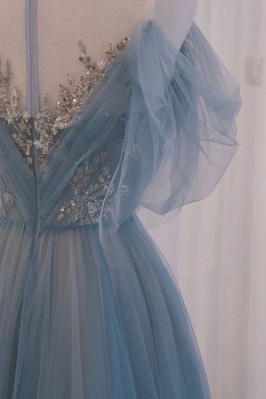 A-line Round Neckline Blue Tulle with Lace Long Party Dress, Tulle Evening Dress Prom Dress TP1222