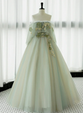 Light Green Off Shoulder Tulle with Lace Long Formal Dress, Light Green A-line Prom Dress TP1225