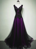 Black And Purple Tulle V-Neckline Beaded Prom Dress, Long Tulle Formal Dress Evening Dress TP1232