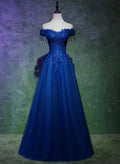 Lovely Blue Tulle with Lace and Beadings Long Party Dress, Blue Long Formal Dress TP1249