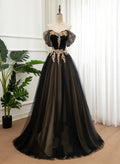 Black and Champagne Tulle Long Party Dress, Off Shoulder Formal Dress Prom Dress TP1252