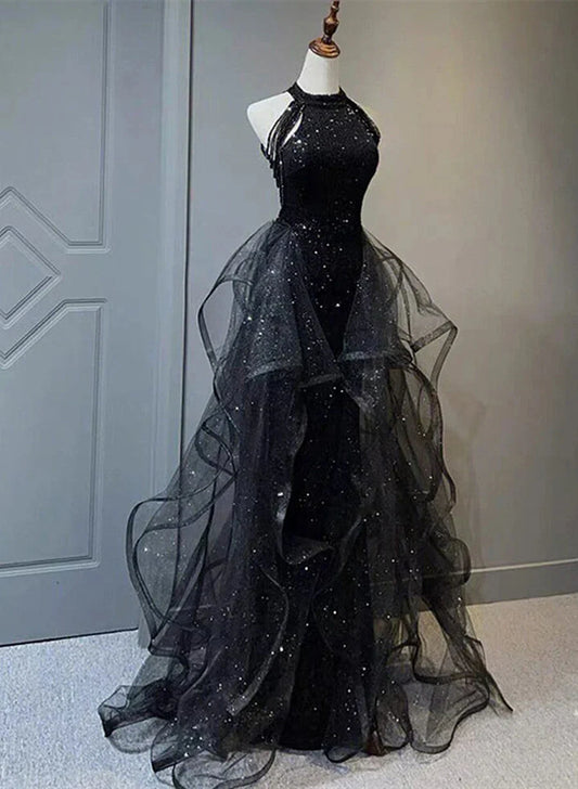 Chic Black Sparkly Halter-Neck A-Line Evening Gown Ruffled Tulle Prom Dress TP1256